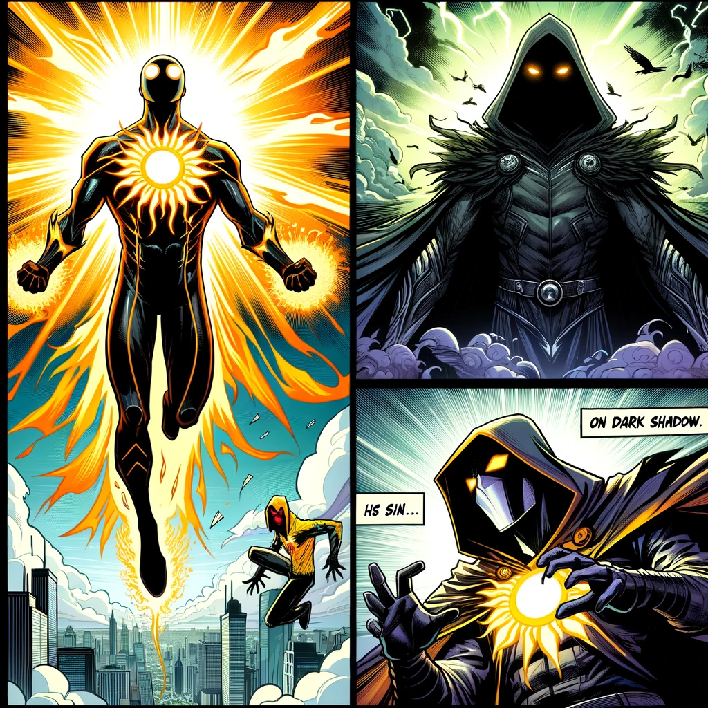 Dalle 3 Use Case-Create a comic strip featuring a superhero named Solarflare and a villain named Darkshadow